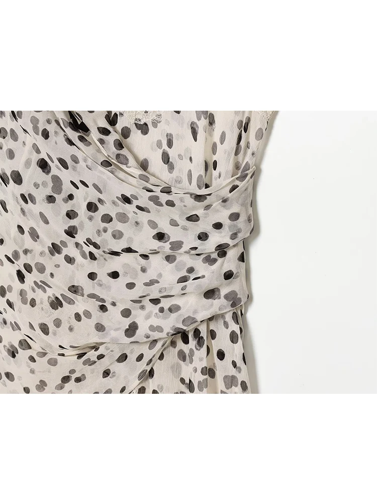 Fashion Women Sling Vest Elegant V Neck Polka Dot Print Top Casual Versatile Party Street Style Lace Spliced Irregular Long Top