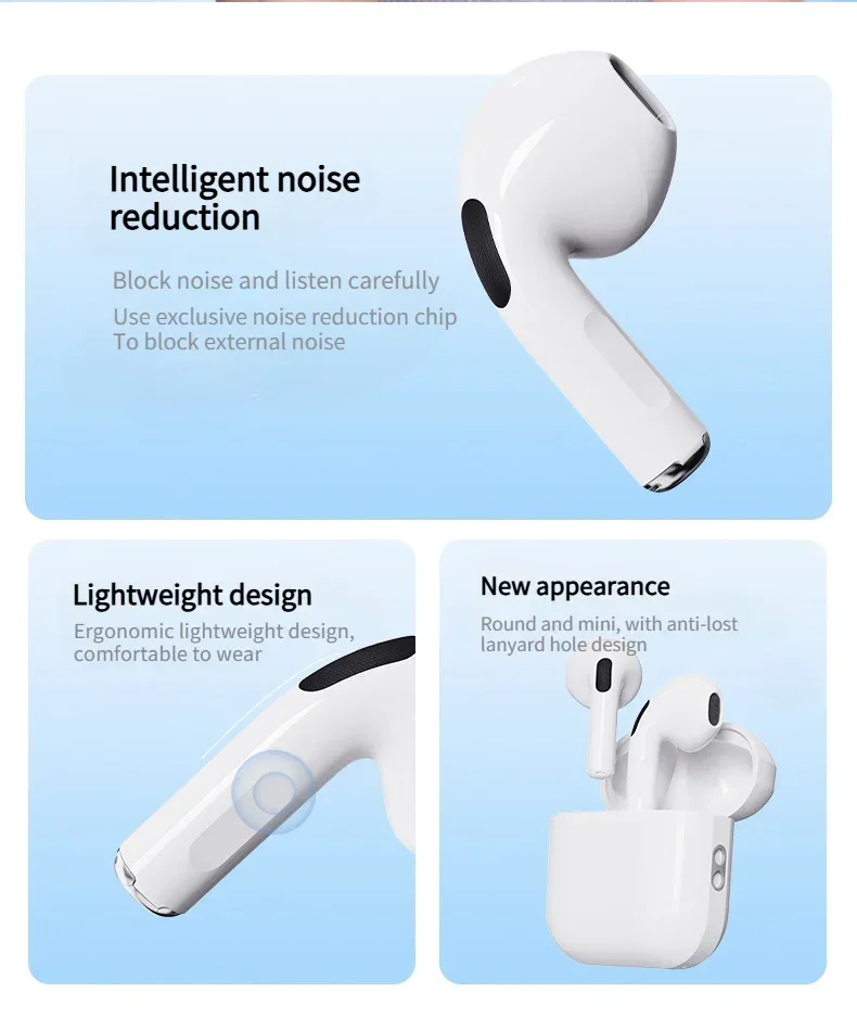 Wireless Earphones Bluetooth Headphones Noise Cancell Stereo Music Earbuds Touch Control Earbud With Microphone Pro 4 lanyard