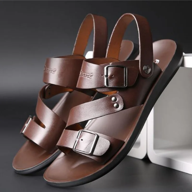 

Summer Men's Sandals Solid Color PU Leather Men Summer Shoes Casual Comfortable Open Toe Sandals Soft Beach Footwear Male Shoes