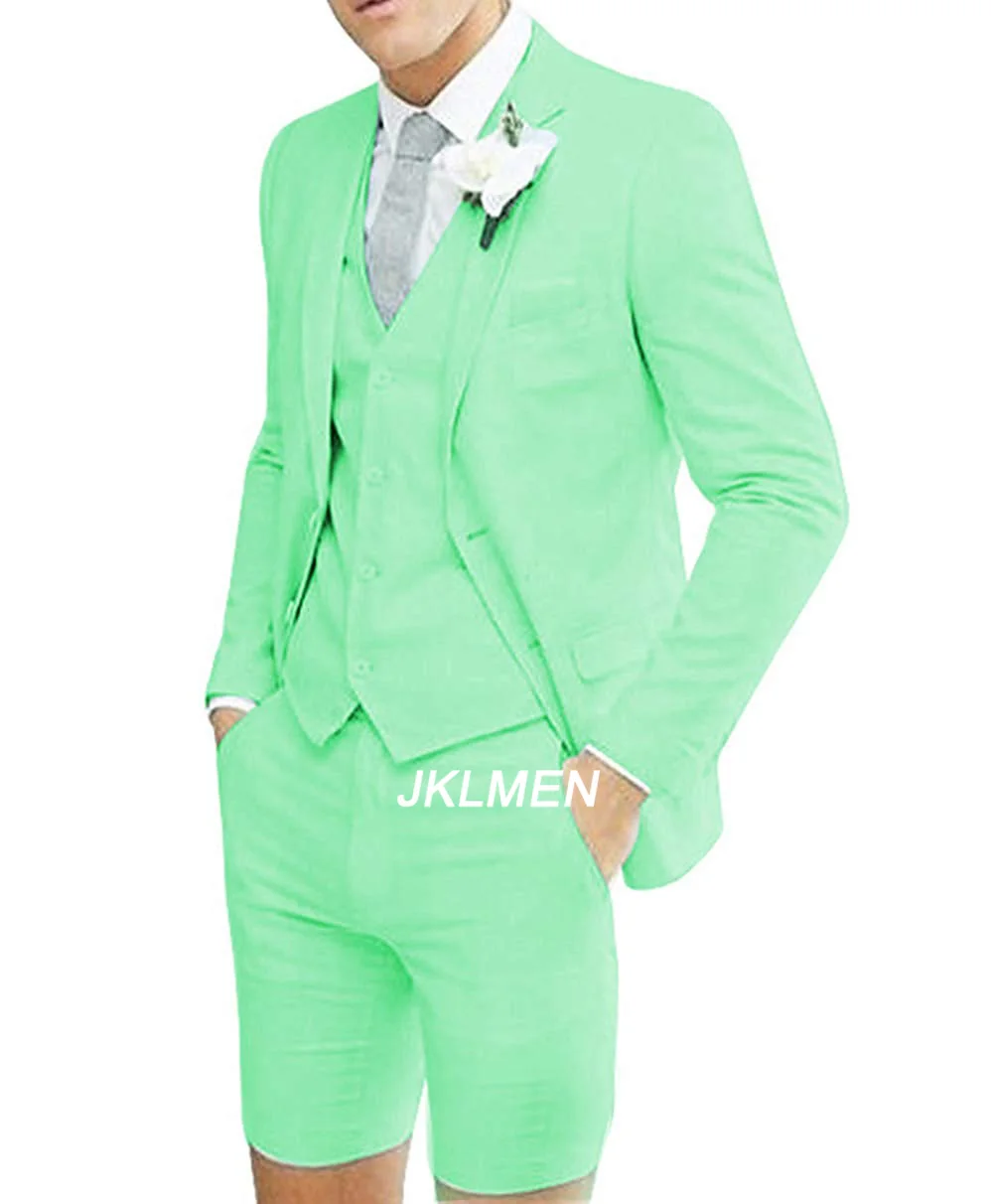 2024 New Summer Men's Casual Suits Slim Fit 3 Piece Notch Lapel Prom Tuxedos Best Men Short Pants Suit For Wedding Holiday