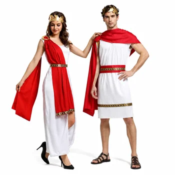 Costume Romano Greco per Adulti, Uomini e Donne, Toga Bianca, Mantello Rosso, Corona d'Alloro Dorata, Set per Halloween e Carnevale