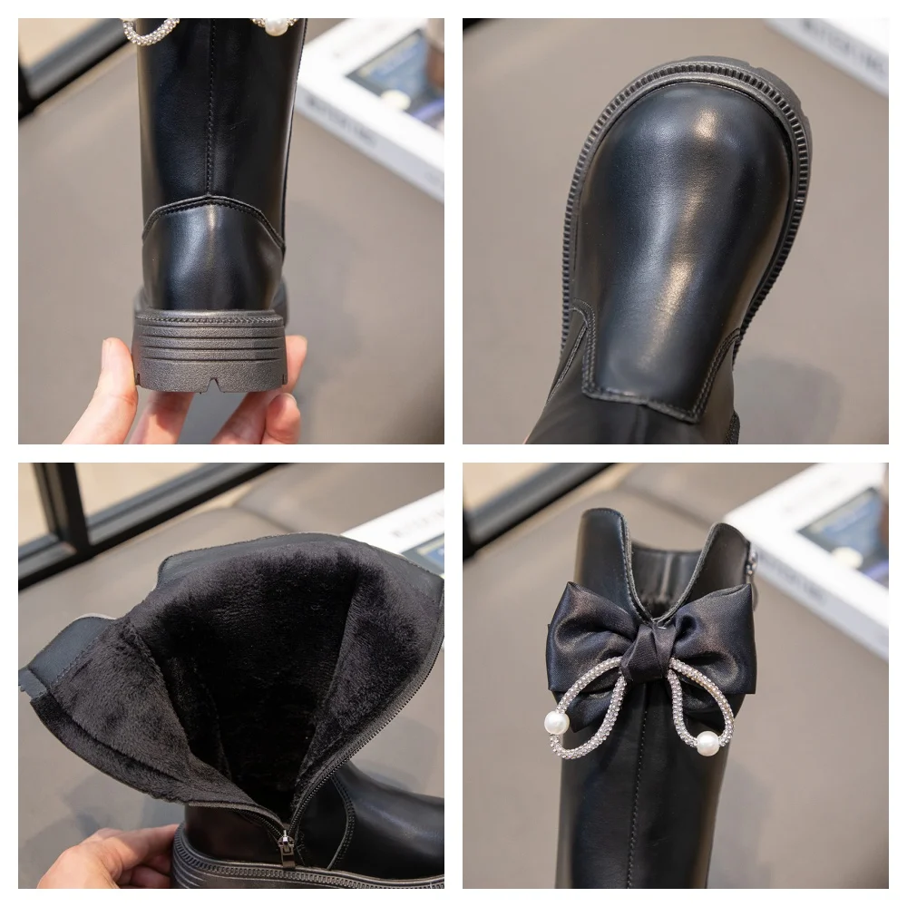 Girls Leather Mid Calf Boots Winter Kids Non Slip