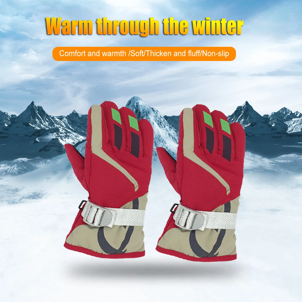 

1 Pair Ski Gloves Kids Waterproof Boys Girls Windproof Breathable Thermal Thicken Riding Snow Protector with Adjustable Buckle