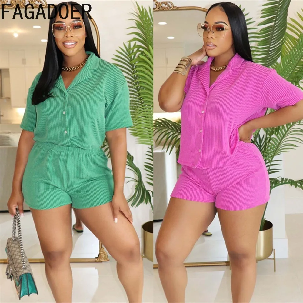 

FAGADOER Casual Solid Loose Shirt Two Piece Sets Women Turndown Collar Button Short Sleeve Top+Shorts Outfits Female Streetwear