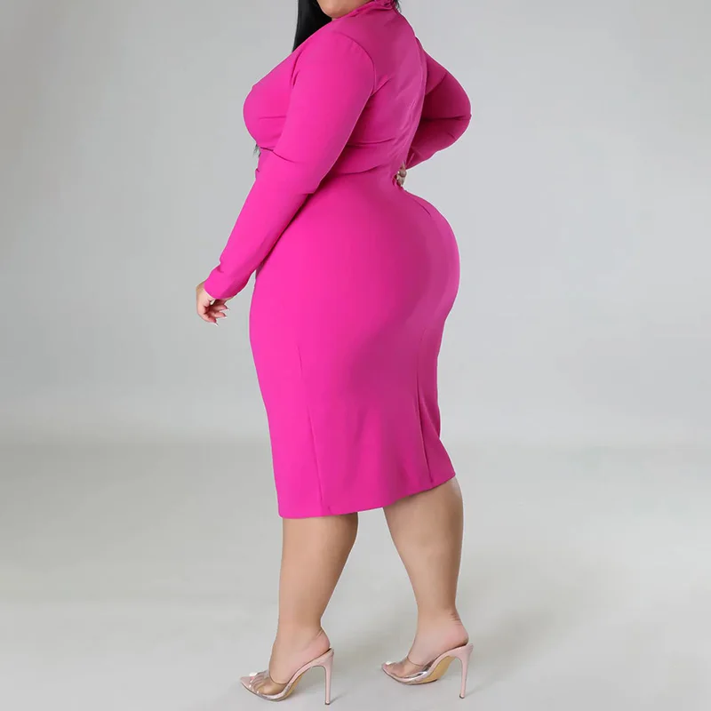 2022 Autumn New Sexy Deep V Neck Solid Color Long Sleeve Slim Zipper Bag Hip Midi Dress Fashion Plus Size Women's Clothing