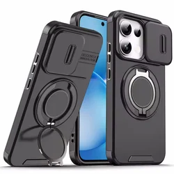 Slide Camera Protection Armor Phone Case with Car Magnetic Holder Ring Cover for OPPO Reno16 FS 5G (LK - Black)