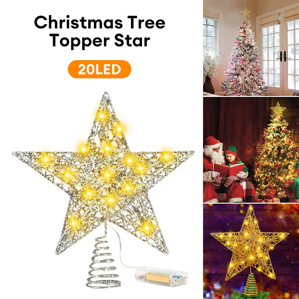 

Gold Glitter Christmas Tree Topper Star Hollow Iron Five-pointed Star Treetop with Copper Wire String Light Xmas Tree Ornaments