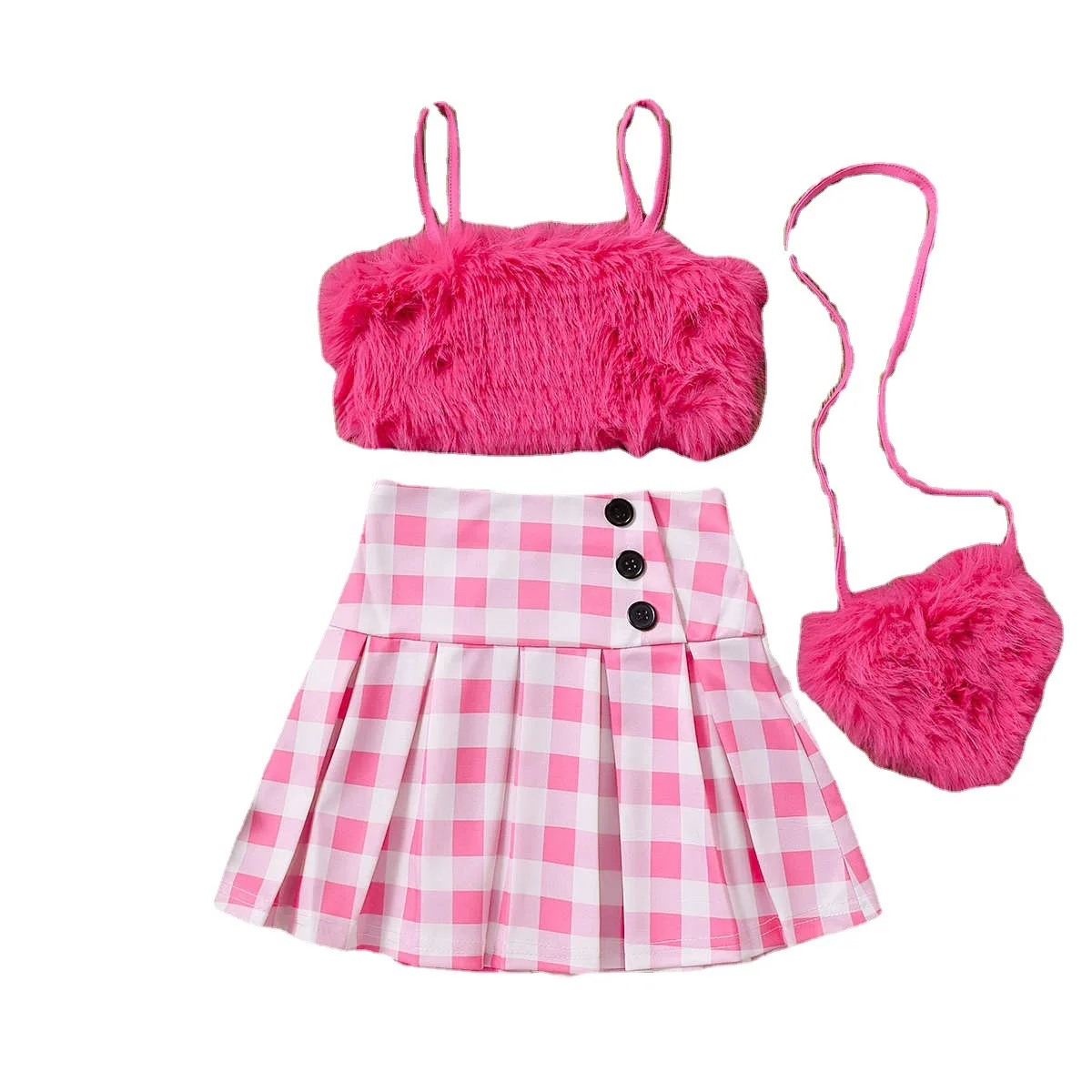 

3pcs Fashion Girl Clothes Set Girl Suits Fur Crop Top Skirt Plaid with Bag Kids Chic Outfits Children Clothing Boutique Dance