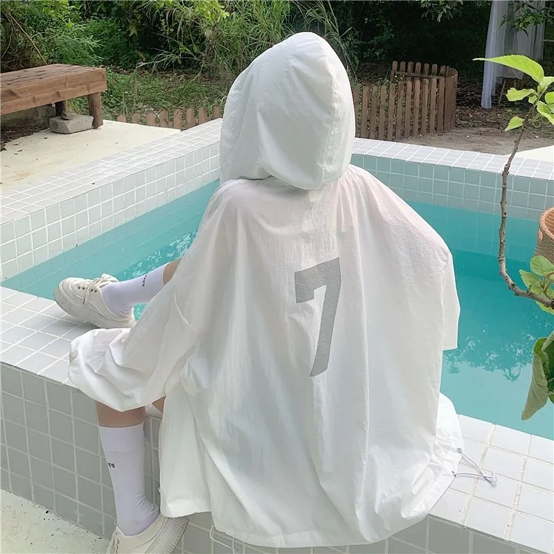 Korean Style Printing Thin Hooded Coat Women's Spring and Summer UV Beach Sunscreen Y2K Outer Long-sleeved White Zipper Cardigan