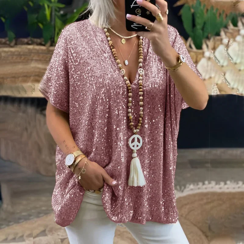Retro New Sequins Ladies Elegant Short Sleeve Shirt Fashion V-Neck Loose Casual Women's  Pullover Shirt