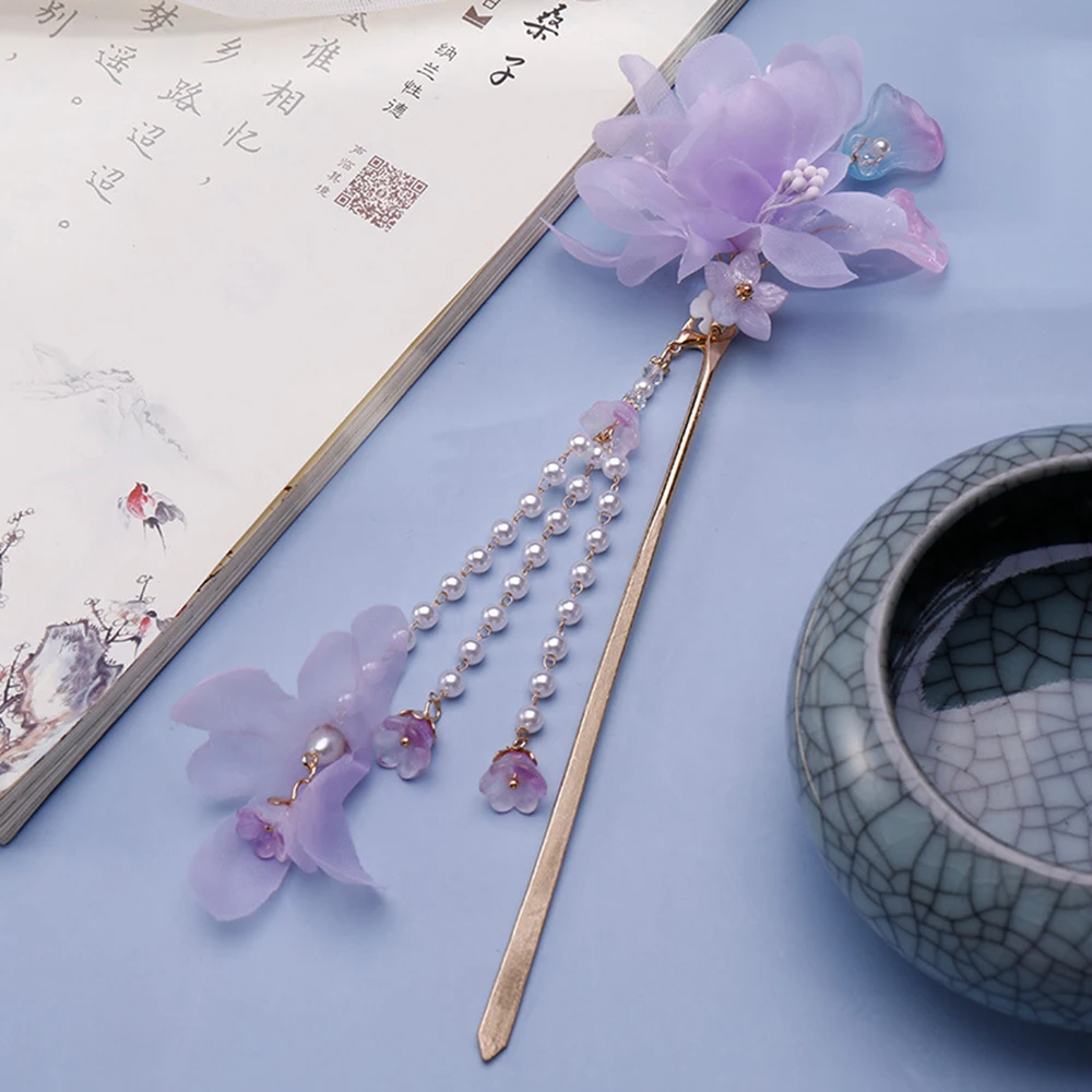 Weibliche Legierung Haarnadel Mit Lange Quaste Chinesischen Stil Haar Stick Blau Blütenblatt Kopfbedeckung Fee Perle Cheongsam Dekor Haie Brötchen Schmuck – Detail 11