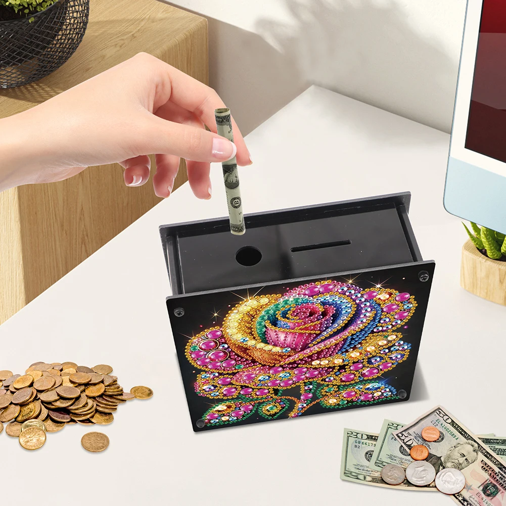Colorful Rose Diamond Painting Piggy Bank Cat Diamond Painting Money Saving Box