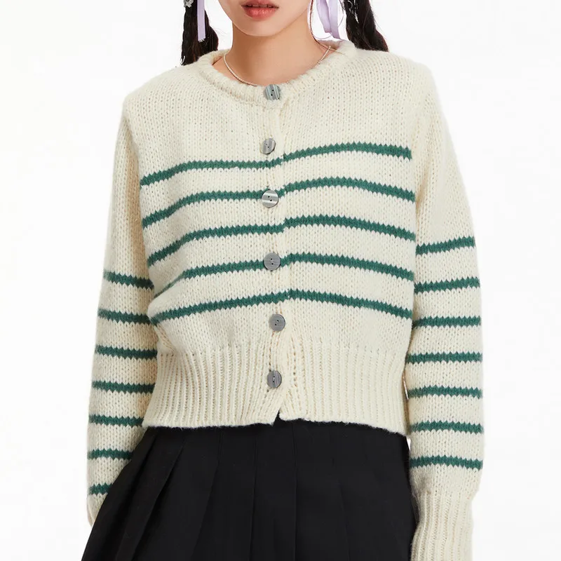 

WPNAKS Women Knit Cardigan Crop Sweaters Autumn Winter Vintage Clothes Long Sleeve Button Closure Striped Jacket Female Clothing