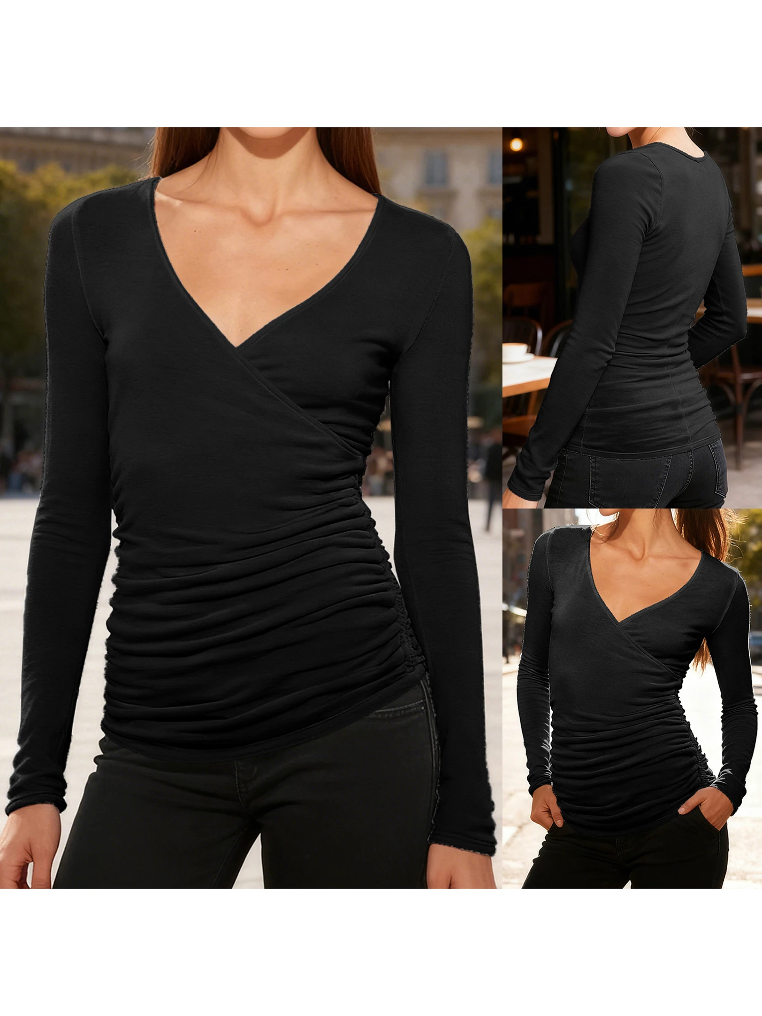 Women s Long Sleeve Workout Top with Cross Wrap V Neck and Ruched Detailing - Stylish Solid Color  Fit Yoga Shirt
