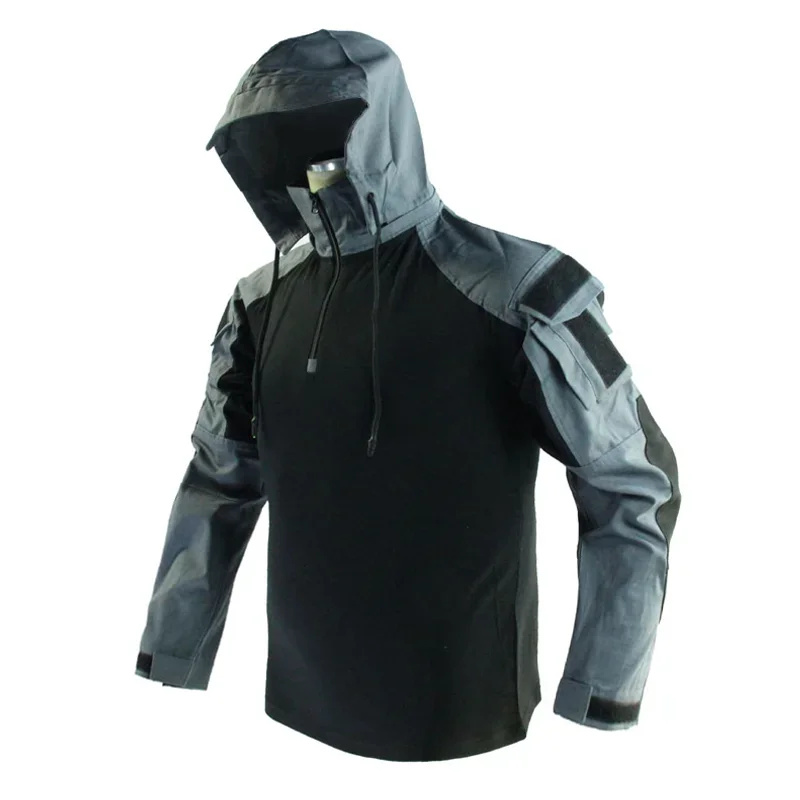 남성용 긴 소매 전투 셔츠 1/4 지퍼 립 스톱 후드 전술 셔츠 네이비 블루 Camoufalge Airsoft T 셔츠 낚시 탑