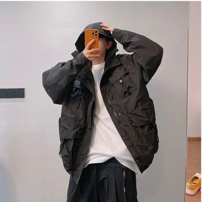 Autumn Winter Retro Multi-pocket Waterproof Jacket American Tooling Windproof Hooded Jackets Male Clothes