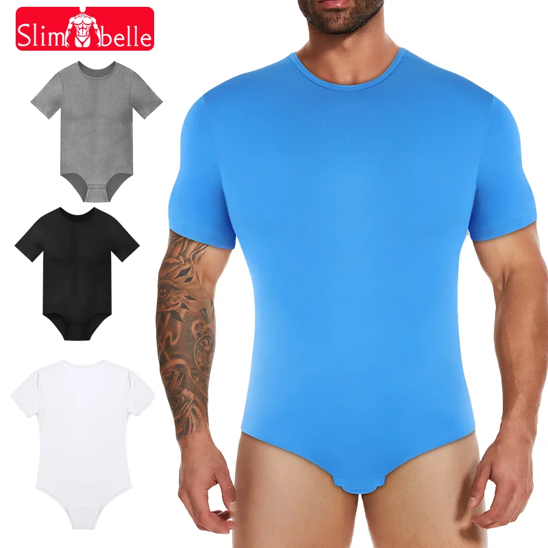 Men Bodysuits Shapewear Bodysuit for Men Tummy Control Flat Belly Leotard Short Underwear Round Neck Undershirt Soft Breathable Sleepwear