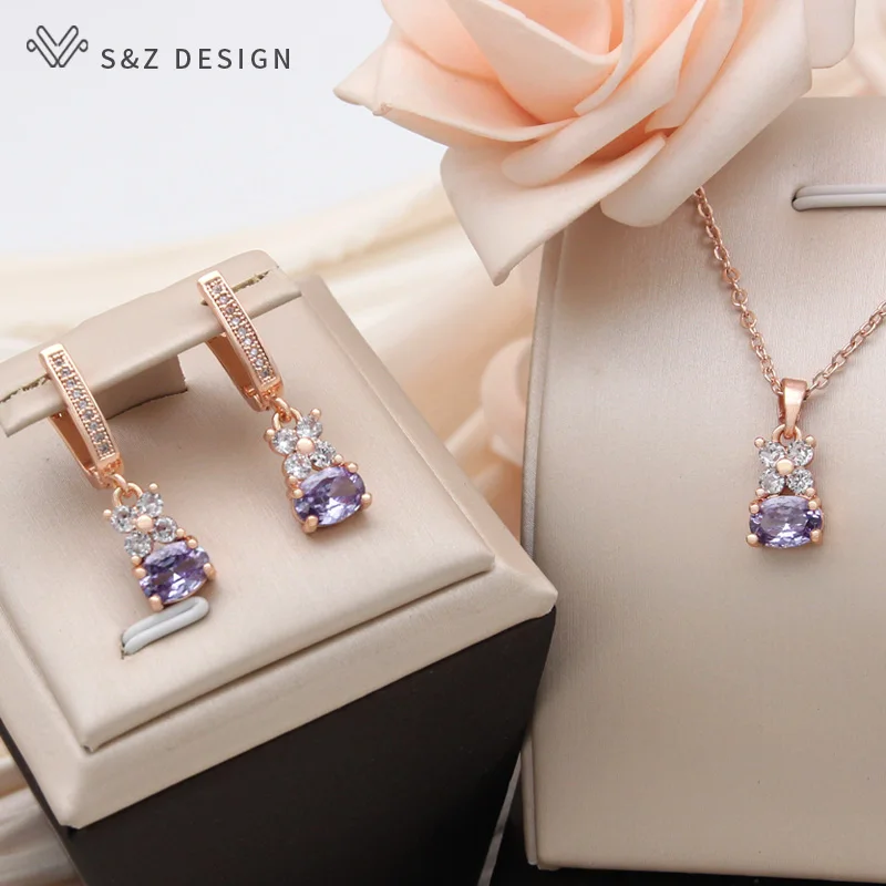 S&Z DESIGN New Fashion 585 Rose Gold Color Cubic Zirconia Lovely Flowers Dangle Earrings For Women Trendy Jewelry Fine Gift