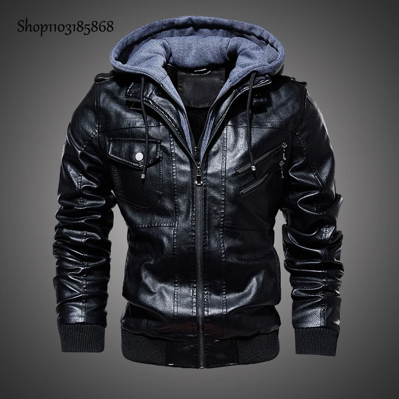 

Thick Faux Leather Coats Men Hooded Winter New Motorcycle Hat Detachable Men's PU Jackets Biker Fashion Top Male M-5XL DDBE-T14