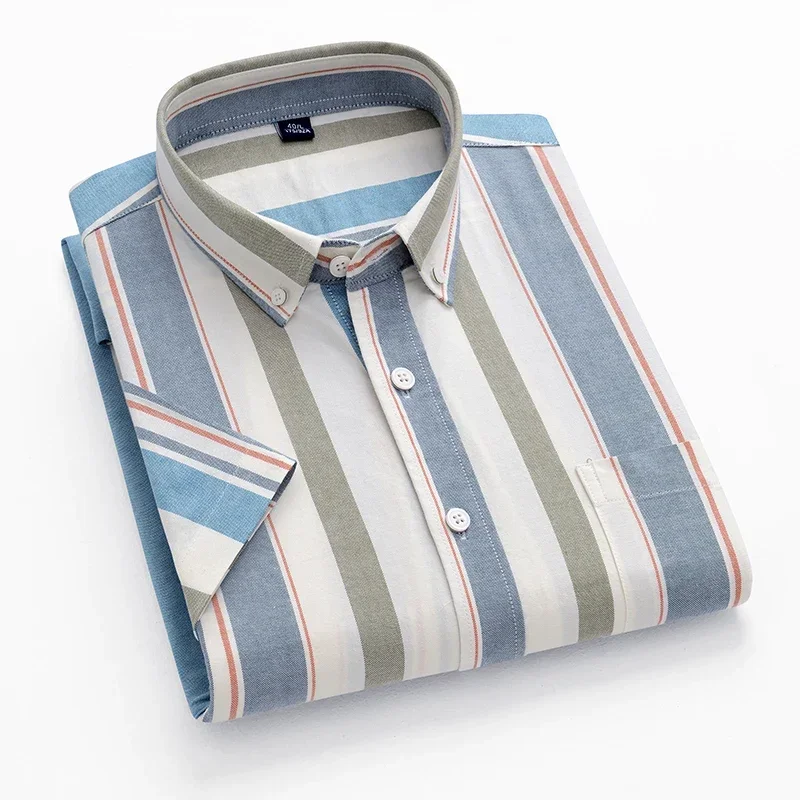 2024 100% Cotton Oxford Plaid Business  Men's Striped Fashion Short SleeveButton Down Regular Fit Office Shirt Man Clothing 2