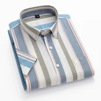 2024 100% Cotton Oxford Plaid Business  Men's Striped Fashion Short SleeveButton Down Regular Fit Office Shirt Man Clothing 2