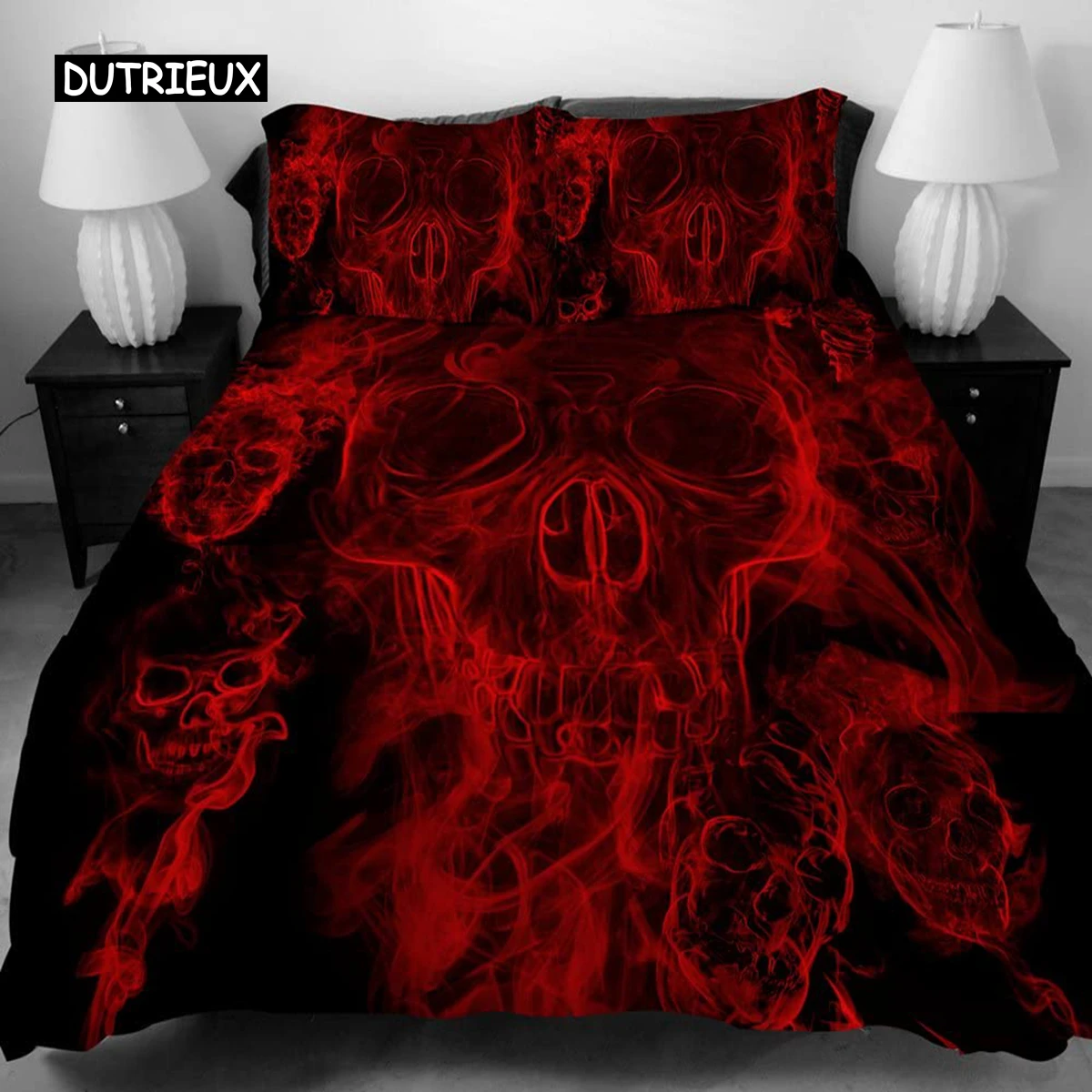 

3 PCS Duvet Cover Set With Zipper Closure,Black Red Skull Pattern Printed,Queen Size Bedding Set Comforter Protector Pillowcases
