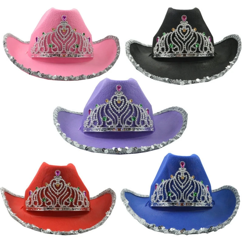 

Trendy Big Brim Hat Jazz Top Hat Sequin Crown Cowboy Hat Wide Brim Western Cowboy Hat Costumes for Outdoor Activities