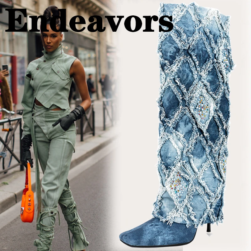 

Embossed Denim Square Toe Thin High-Heeled Autumn and Winter Fashion Woman Chimney Boots Large Size Temperament Woman Boots