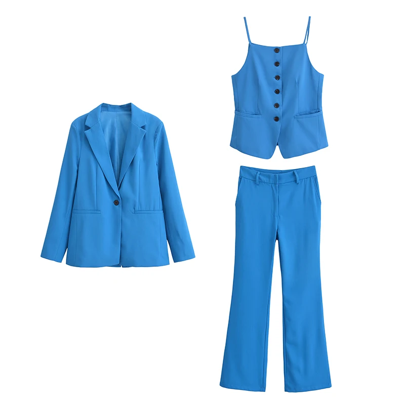 thumbnail image 1 of Conjunto de 3 piezas para mujer HH TRAF: chaqueta de traje de manga larga + chaleco de tirantes finos sin mangas con cuello cuadrado y espalda descubierta + pantalones casuales de 2 colores, 1 of 5