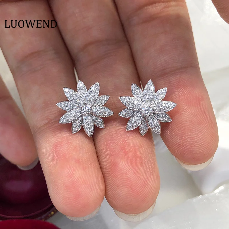 

LUOWEND 18K White Gold Earrings Romantic Flower Design Real Natural Diamond Stud Earrings Shiny Necklace for Women Party Jewelry