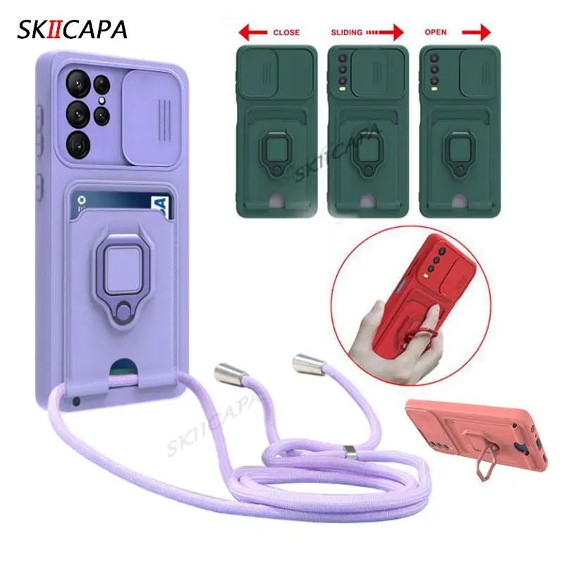 Card Slot Ring Holder Cover For Samsung Galaxy A54 A34 A14 A04 Case Crossbody Necklace Lanyard Soft Silicone Wallet Phone Cae_voghion.com