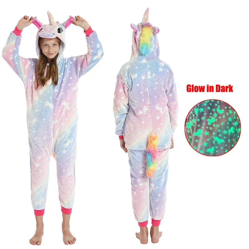 Winter Jumpsuit Kids Kigurumi Anime Overalls for Children Unicorn Pajamas Warm Plush Glow In The Dark Pyjamas Boys Girls Onesies