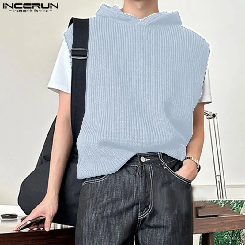 

INCERUN Tops 2023 Korean Style New Men's Solid Layered Design Loose Hooded Vests Casual Street Solid Coarse Knit Waistcoat S-5XL