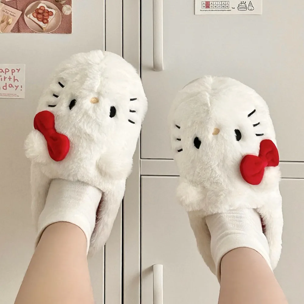 Cute Sanrio Kawaii Hello Kitty Women Girls Home Slippers Winter New Sweet Girl Heart Non-Slip Indoor Cotton Fashion Warm Shoes