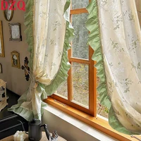 Idyllic French Retro Flowers Door Curtains Cloth for Living Room Green Warp Ruffled Cotton and Linen Curtains for Kitchen #A401 1