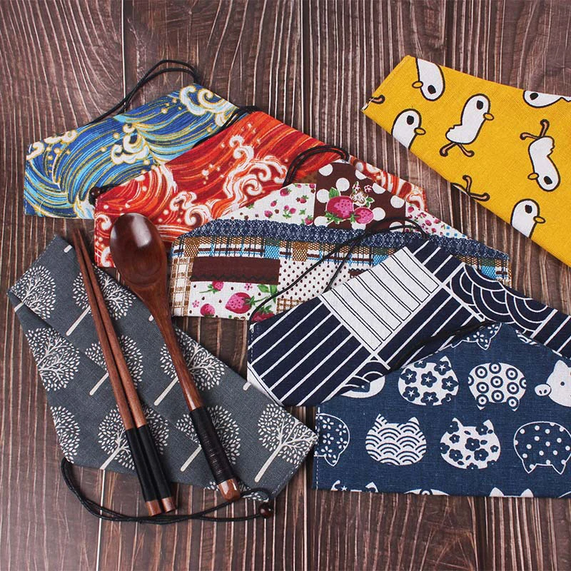 Portable Tableware Bag Japanese Printing Reusable Drink Straw Chopstick Cutlery Pouch Drawstring Bag Cutlery For Spoon Fork Tableware Storage Bag