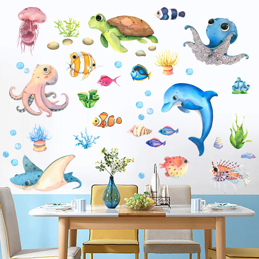 Wall Stickers Cartoon Marine Life Wall Stickers for Kids room Bathroom Wall Tile Decals Octopus Sea Turtle Fish Posters Home Decoration