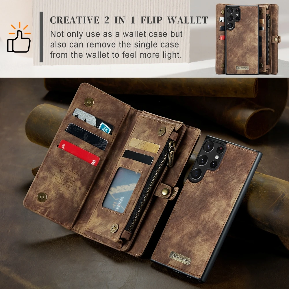 Detachable Wallet Zipper Flip Leather Phone Case For Samsung Galaxy S23 S22 Ultra S21 S20 FE S10 Plus Note 20 10 Ultra