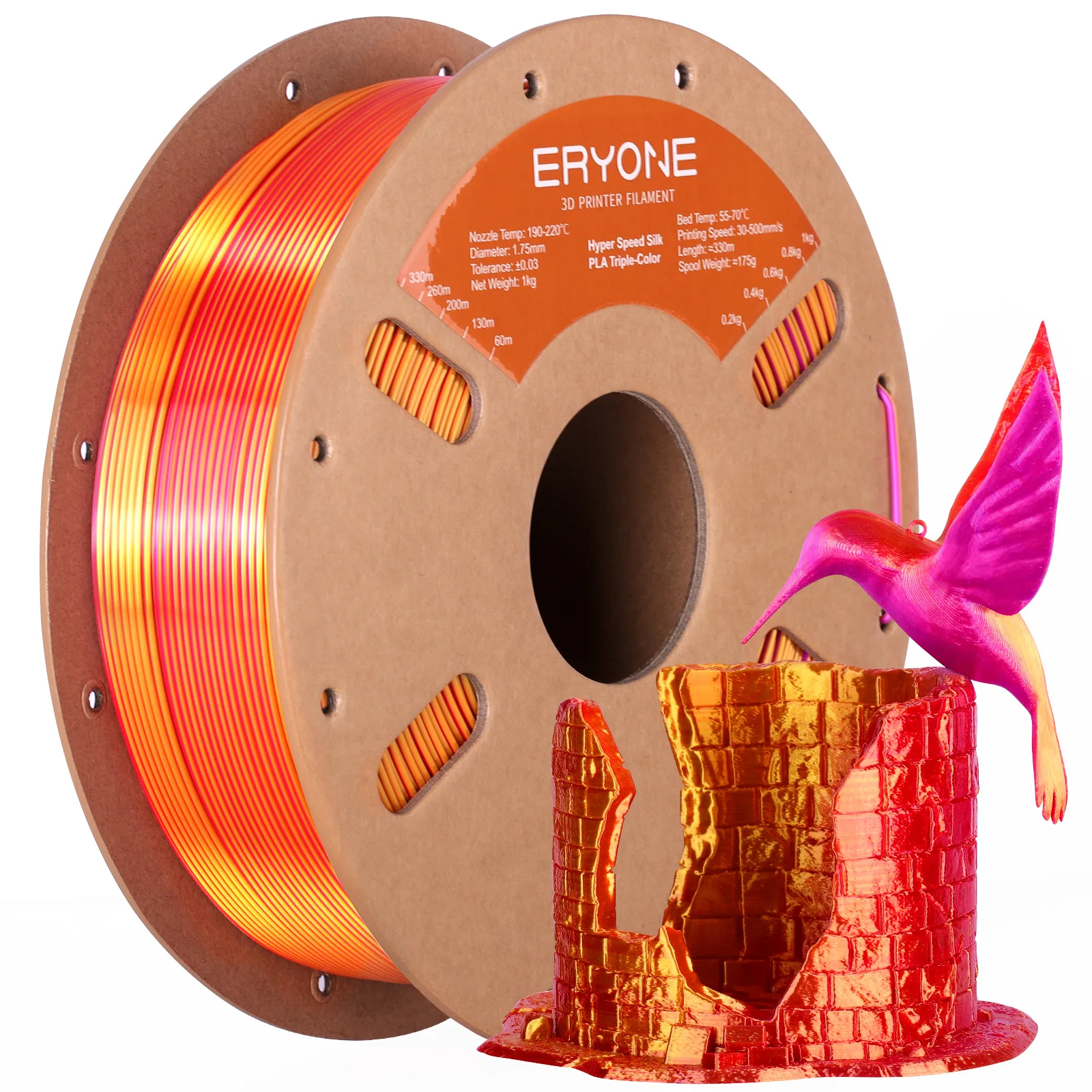 ERYONE 1/5KG Hyper Speed Silk PLA Filament Triple Color 1.75mm 3D Print Multicolor Available,Max print 500mm/s,1kg/Spool