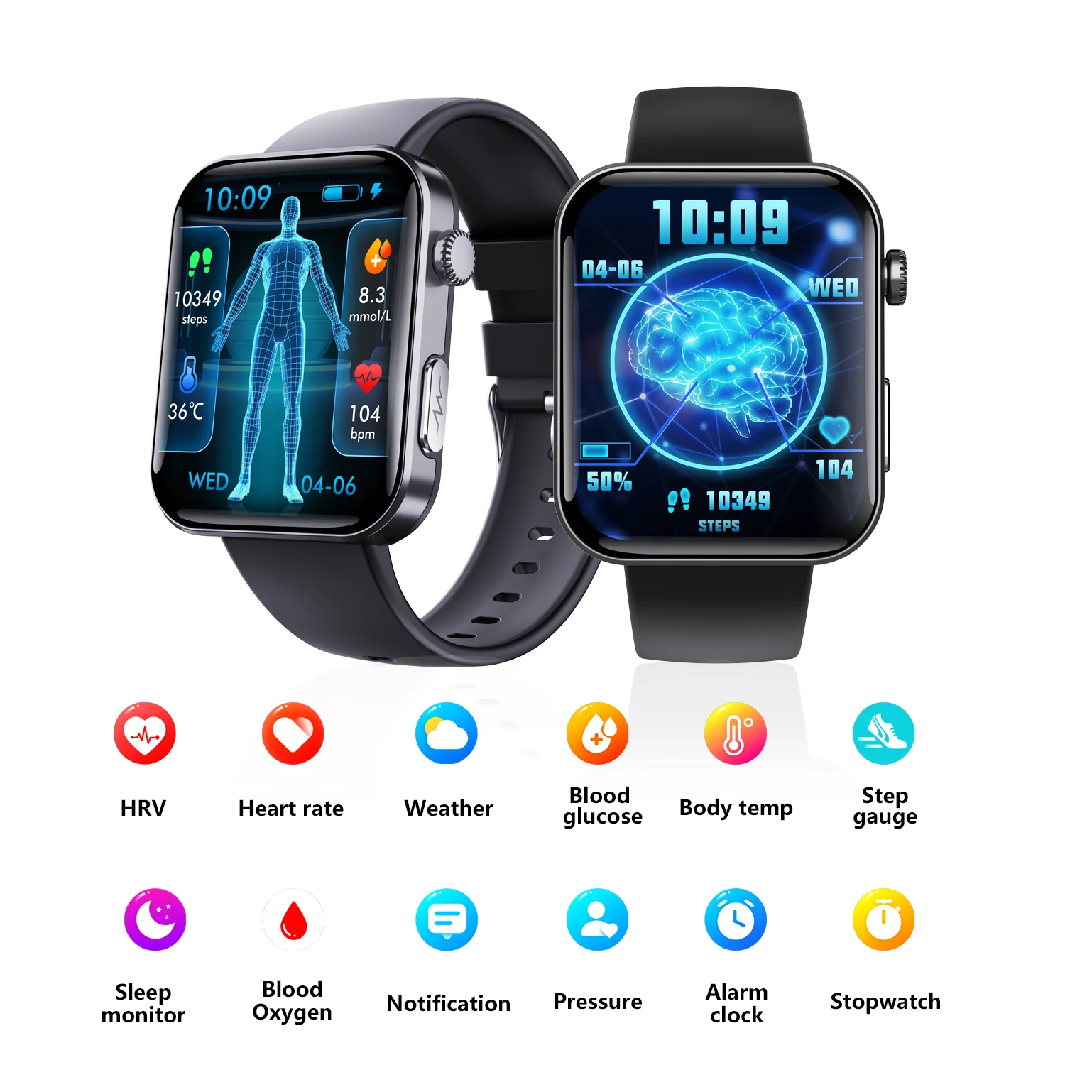 Smart watch blood glucose monitor blood test meter smart blood sugar watch 24h measurement of glucose blood pressure lipids uric acid ECG wireless Bluetooth smart APP