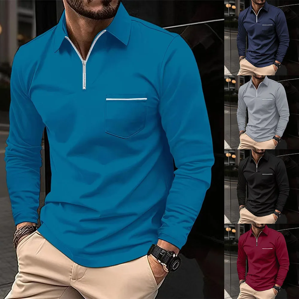 

New Shirts For Men Casual Shirt With Zipper Pocket Lapel Long Sleeve Pullover Shirts Autumn T-Shirt For Men Male Sweatshirt Tops
