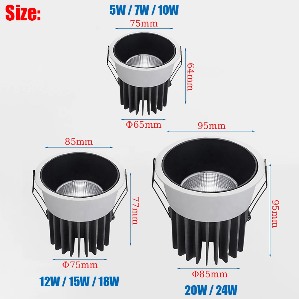 디밍 가능한 눈부심 방지 COB LED 다운라이트 매립형 LED 천장 스포트라이트 5W 7W 10W 12W 15W 18W 20W 24W AC85265V 가정 사무실 상점용