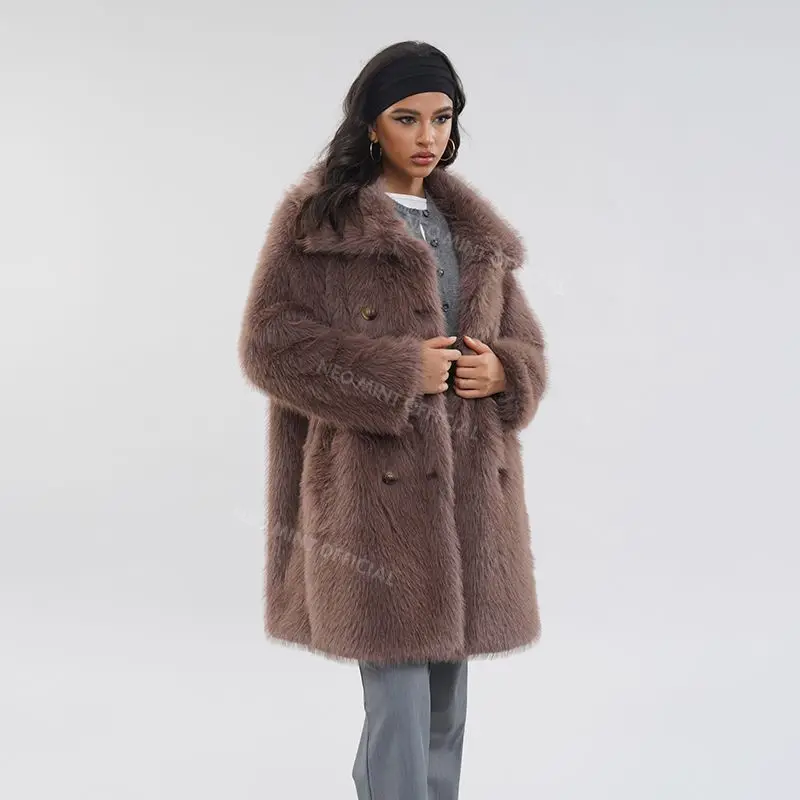Luxury Brand Belted Long Fluffy Faux Fur Coat Women Winter Thicken Warm Lapel Fox Fur Collar Furry Jacket Overcoat