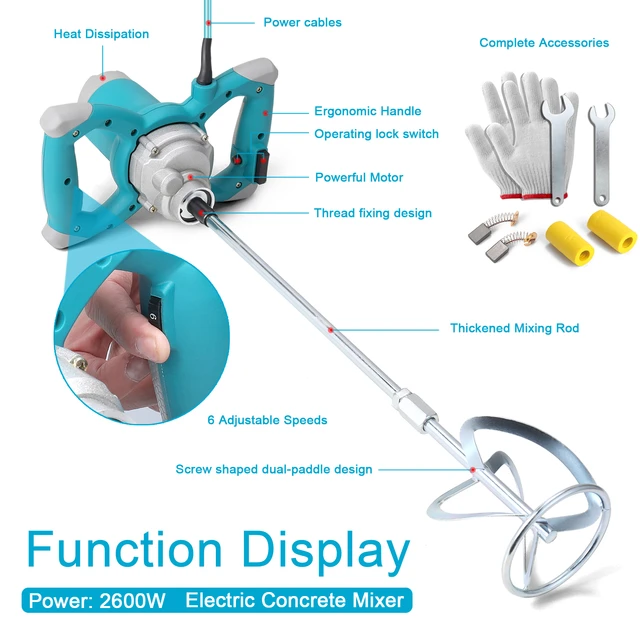 Mezclador eléctrico de mortero, mezclador de mortero de doble paleta, doble  alta velocidad de engranaje, lechada de cemento de 1800 W, herramienta de