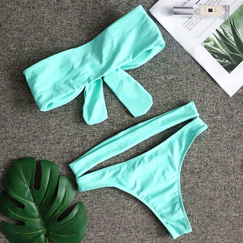 Women's Bikini Knot Strapless Split Swimwear Sexy Crystal Diamond High Waist Bikini