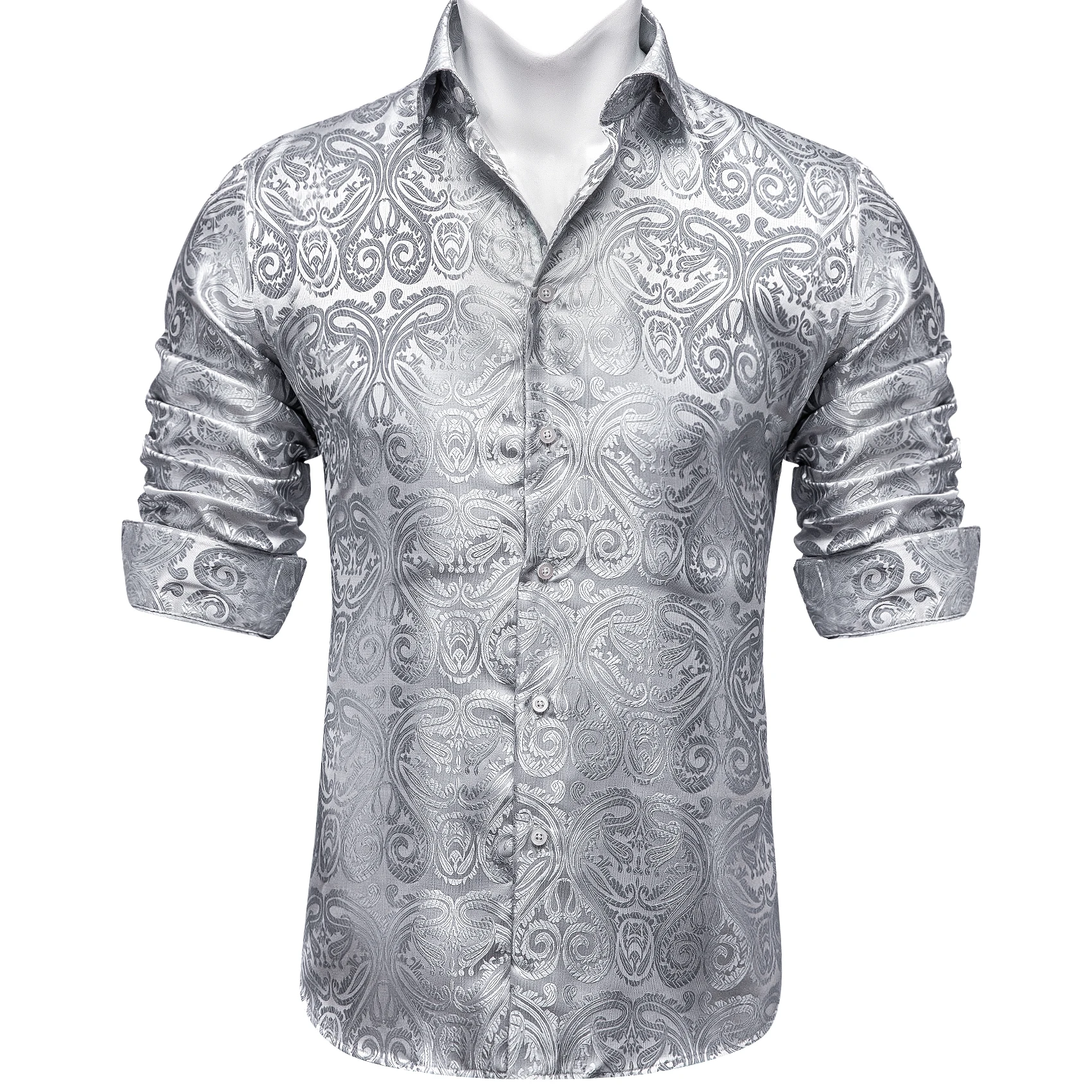 DiBanGu Luxury Silver Paisley Silk Long Sleeve Shirts For Men Designer Casual Tuxedo Dress Shirt Wedding Prom Party Men Clothing