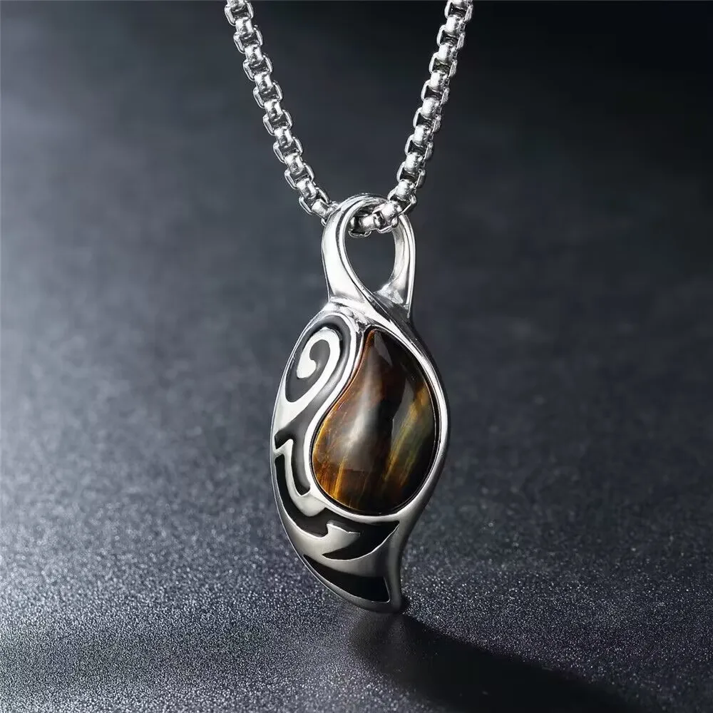 

New Man Titanium Natural Tiger Eye Stone Necklace Women In Pendant Necklaces Jewelry Neutral Stainless Steel Metal Chain