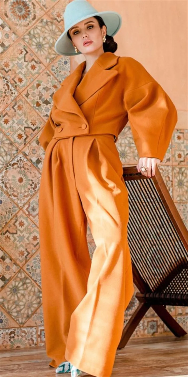 

Orange Woolen Women Suit Set 2 Pcs Blazer+Pants Winter Wedding Prom Dress Double Breasted Custom Made Jacket Wide Leg Trousers