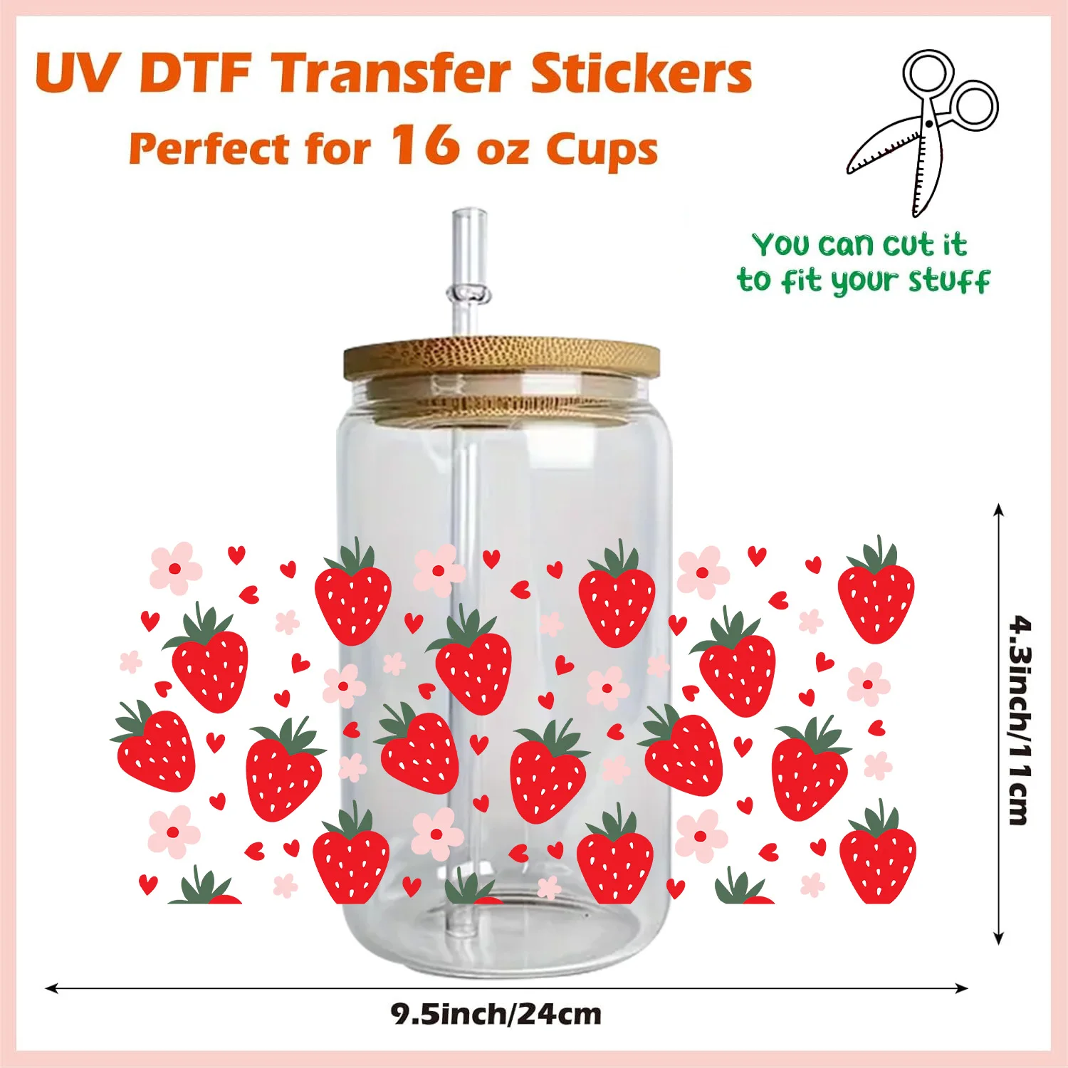 Cute strawberry stickers peel waterproof DIY Decals 3D transfers uvdtf crystal stickers 16oz uv dtf cup wraps Libbey Glasses