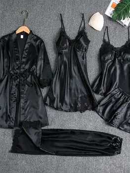Sexy Silk Sleepwear Set with Bra Strap Nightgown Robe Pants Summer Five-Piece Women's Home Clothes V-Neck Long Sleeve Short D...